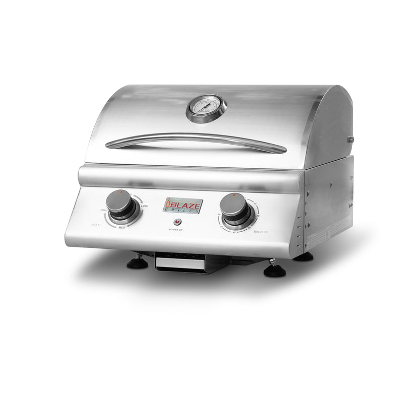 Blaze 21-Inch Electric Grill with Freestanding Base – 1500W Heating Element, Up to 749°F+, 304 Stainless Steel, Digital Thermostat, Triangular Grates, Removable Drip Tray, Apartment & Condo Safe