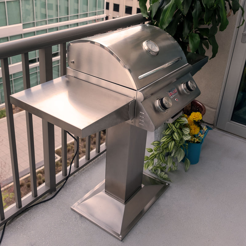 Blaze 21-Inch Electric Grill with Freestanding Base – 1500W Heating Element, Up to 749°F+, 304 Stainless Steel, Digital Thermostat, Triangular Grates, Removable Drip Tray, Apartment & Condo Safe