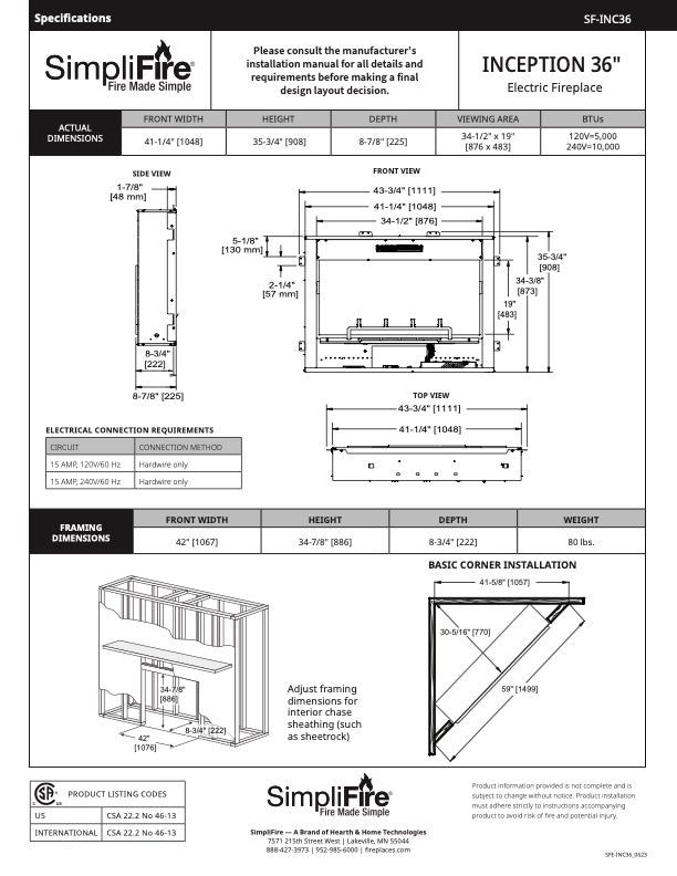 SimpliFire Inception 36" Built In Electric Fireplace