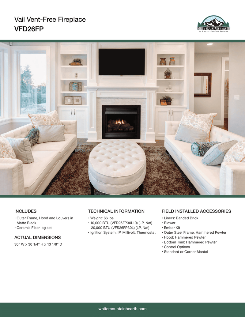 Empire Vail Ventless Gas Fireplace White Mantel Combination