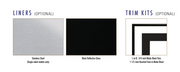Optional liners and trim kits information graphic on a white background. Left side shows two liner options labeled 'LINERS (OPTIONAL)': brushed stainless steel and black reflective glass.