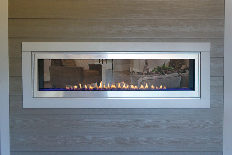 Empire Boulevard 60 inch vent free gas fireplace installed outdoors with a stainless steel frame