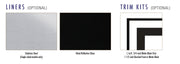 Optional accessories chart showing two liner options: brushed stainless steel and black reflective glass, plus a trim kit in black for Empire Boulevard