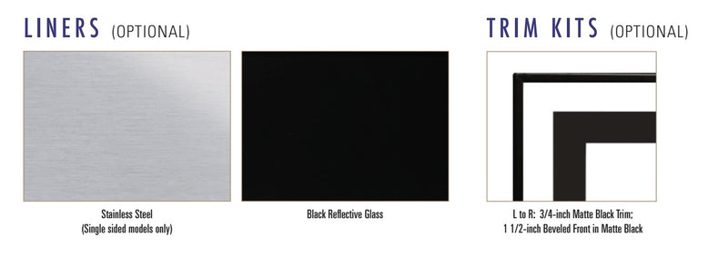 Optional accessories chart showing two liner options: brushed stainless steel and black reflective glass, plus a trim kit in black for Empire Boulevard