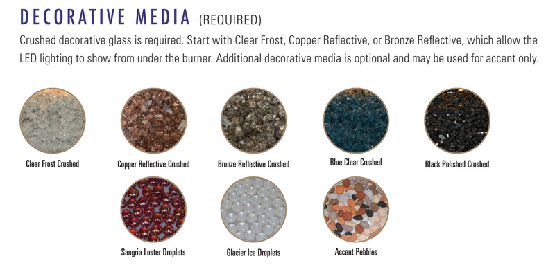 A product information graphic for decorative media options, showing ten circular sample swatches labeled Clear Frost Crushed, Copper Reflective Crushed, Bronze Reflective Crushed, Blue Clear Crushed, Black Polished Crushed, Sangrae Luster Droplets, Glacier Ice Droplets, and Accent Pebbles on a white background with purple heading text.