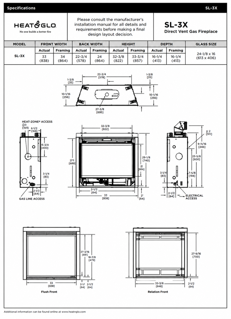 Heat & Glo SlimLine X 28 direct vent gas fireplace specifications and dimensions