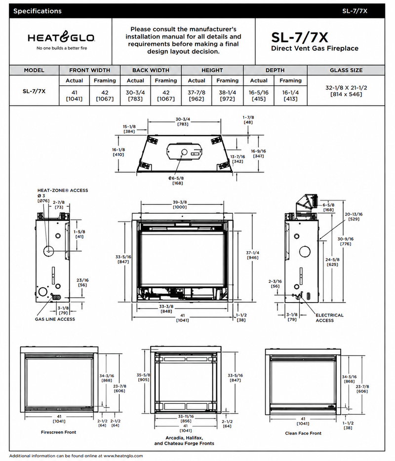 Heat & Glo SlimLine X 36 direct vent gas fireplace specifications and dimensions