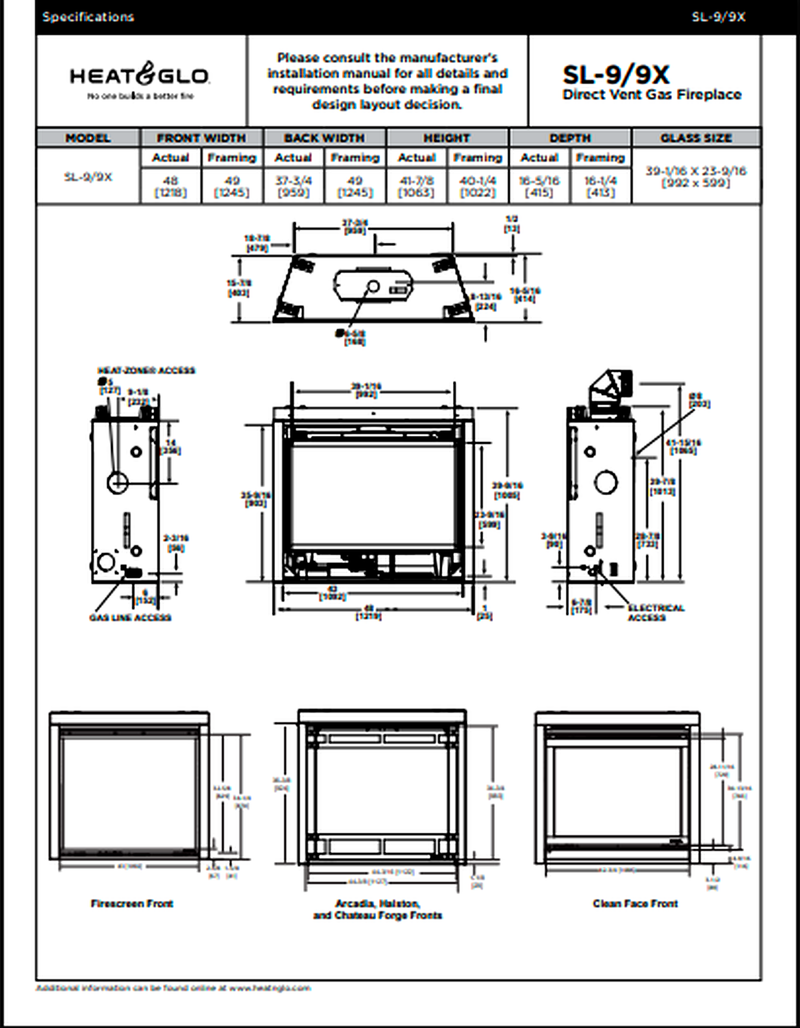 Heat & Glo SlimLine X 42 direct vent gas fireplace specifications and dimensions