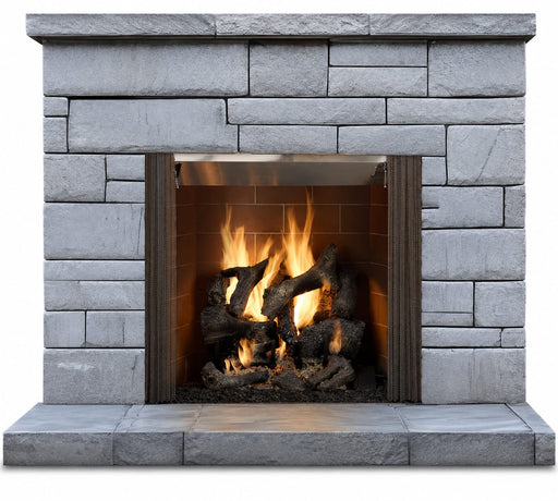 Majestic Castlewood built-in outdoor wood fireplace with burning logs