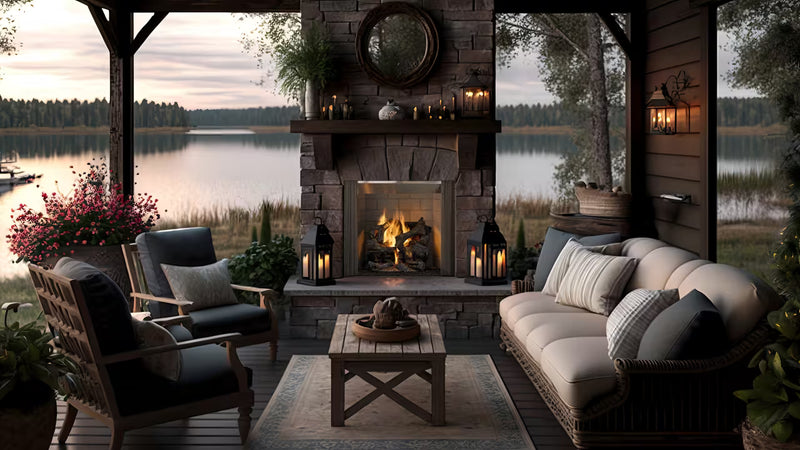 Majestic Castlewood wood fireplace installed in an outdoor entertainment area