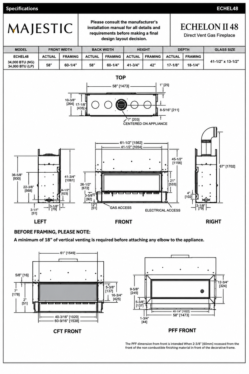 Majestic Echelon II 48 inch direct vent gas fireplace specifications and dimensions