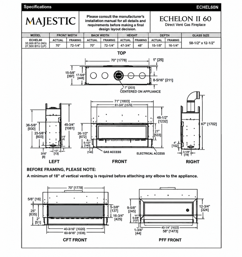 Majestic Echelon II 60 inch direct vent gas fireplace specifications and dimensions