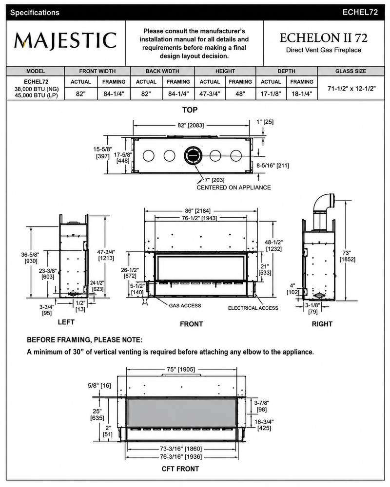 Majestic Echelon II 72 inch direct vent gas fireplace specifications and dimensions