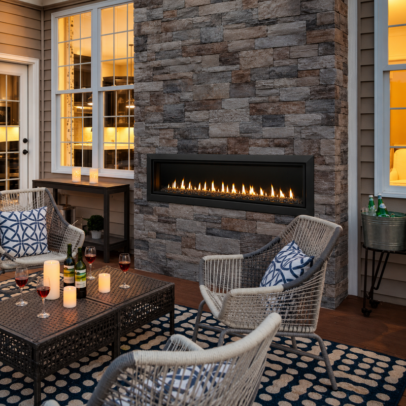 Majestic Echelon II direct vent gas fireplace installed in a stone wall