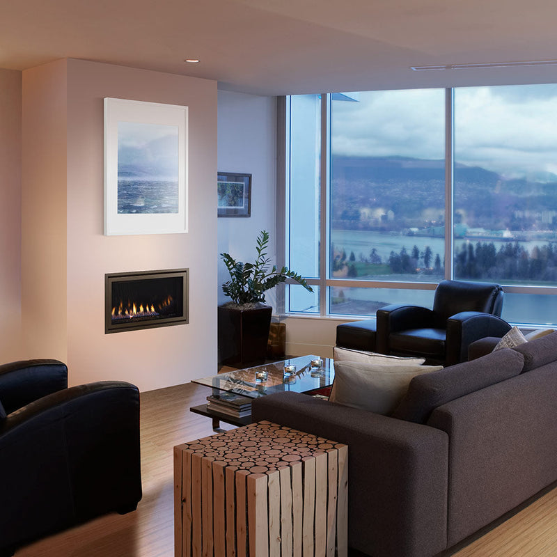Majestic Jade gas fireplace in a modern living room with city view