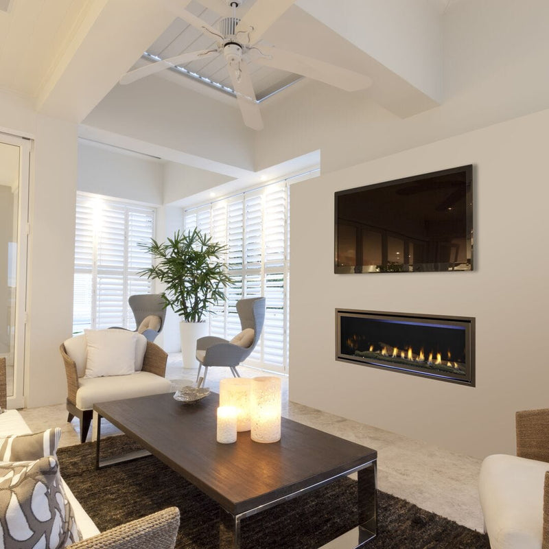 Majestic Jade direct vent gas fireplace in a bright contemporary living room