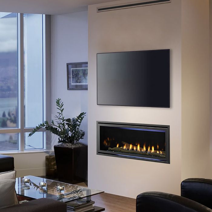 Majestic Jade gas fireplace installed below a wall-mounted television