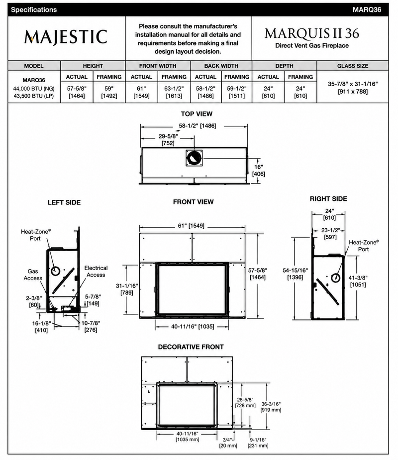 Majestic Marquis II 36 inch direct vent gas fireplace specifications and dimensions