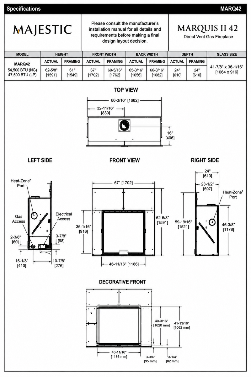 Majestic Marquis II 42 inch direct vent gas fireplace specifications and dimensions