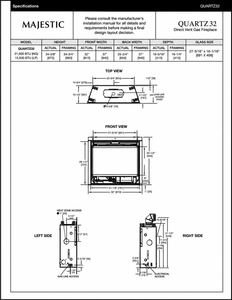 Majestic Quartz 32 direct vent gas fireplace specifications and dimensions
