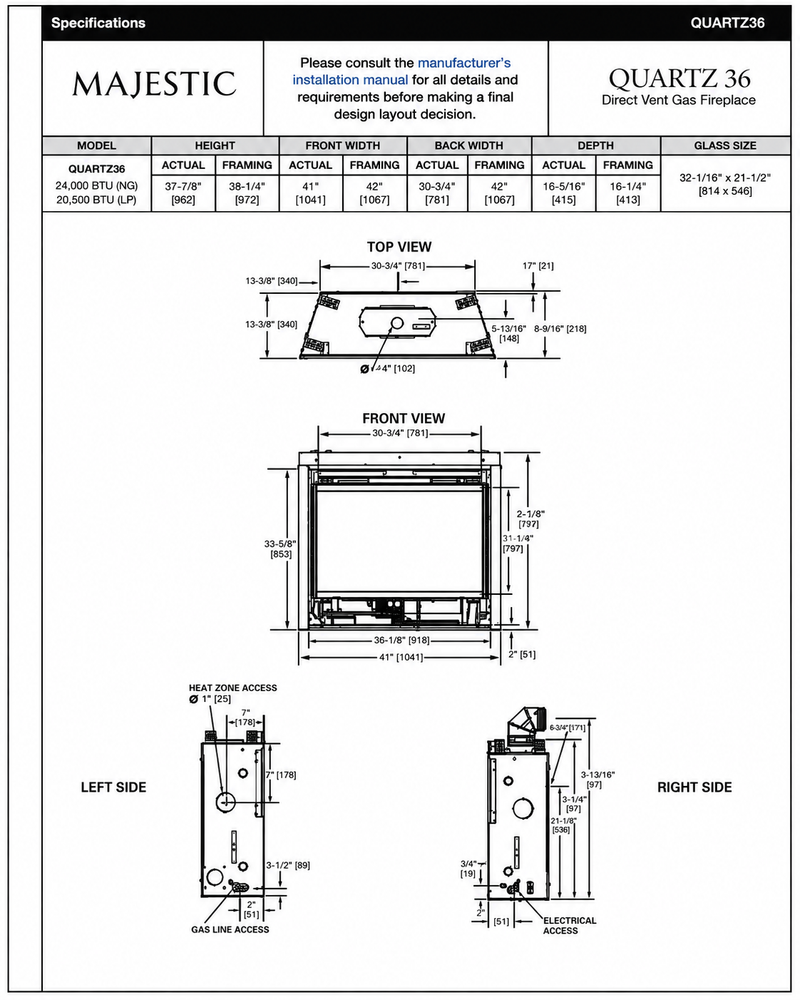 Majestic Quartz 36 direct vent gas fireplace specifications and dimensions