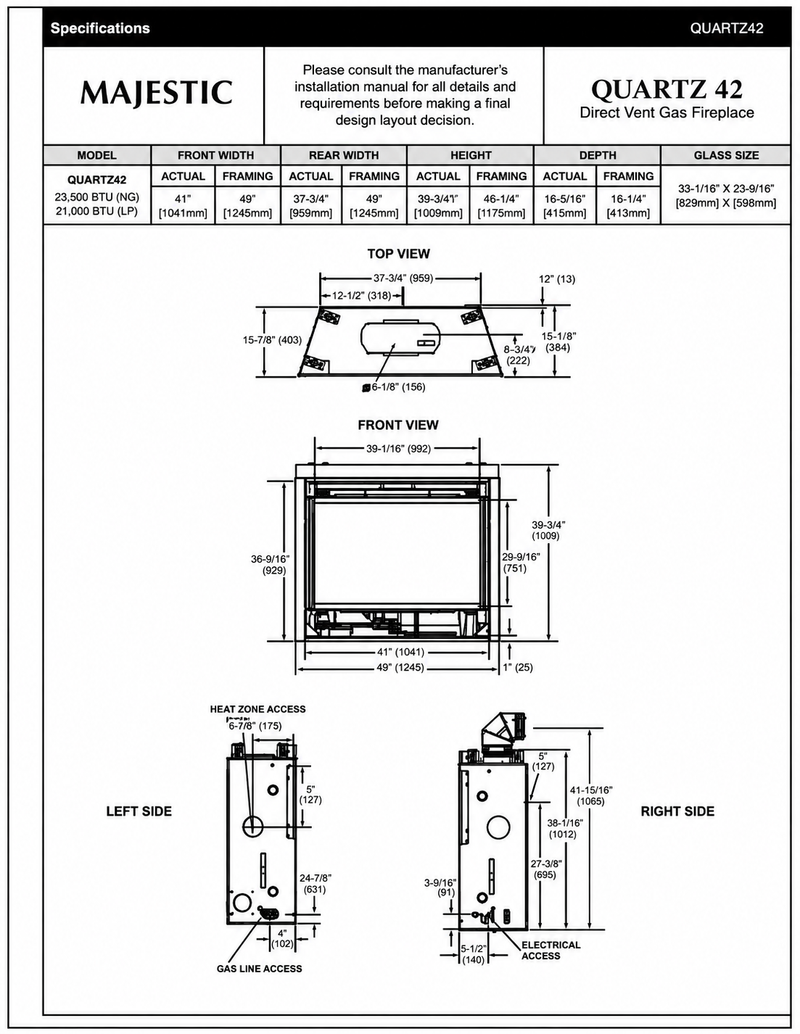 Majestic Quartz 42 direct vent gas fireplace specifications and dimensions