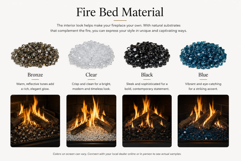 Majestic Quartz gas fireplace fire bed material options