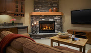 Majestic Quartz built-in gas fireplace in a cozy living room