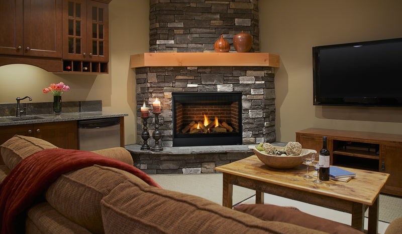 Majestic Quartz built-in gas fireplace in a cozy living room