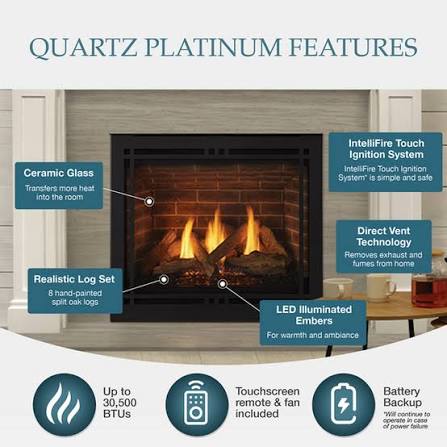 Majestic Quartz Platinum 36 direct vent gas fireplace features