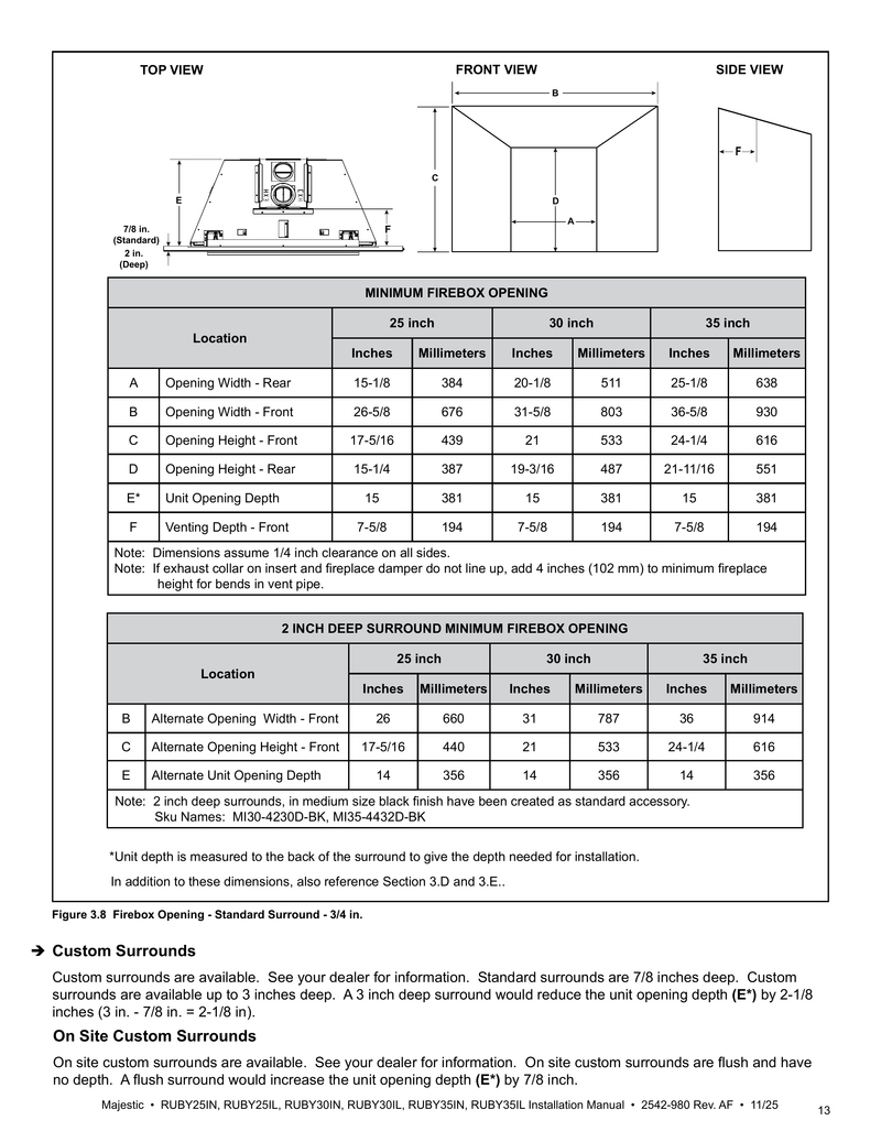 Majestic Ruby direct vent gas fireplace insert specifications and dimensions