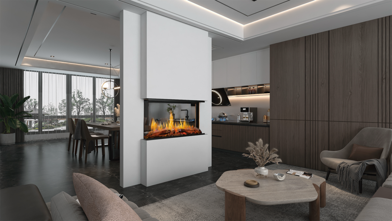 Modern Flames Nova Clear 48 inch see-through electric fireplace in a modern living space