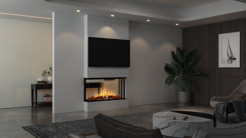 Modern Flames Nova Clear 48 inch see-through electric fireplace installed between two rooms