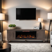 Realcozy Sonoma 78-inch Barnwood electric fireplace TV stand in a rustic modern living room