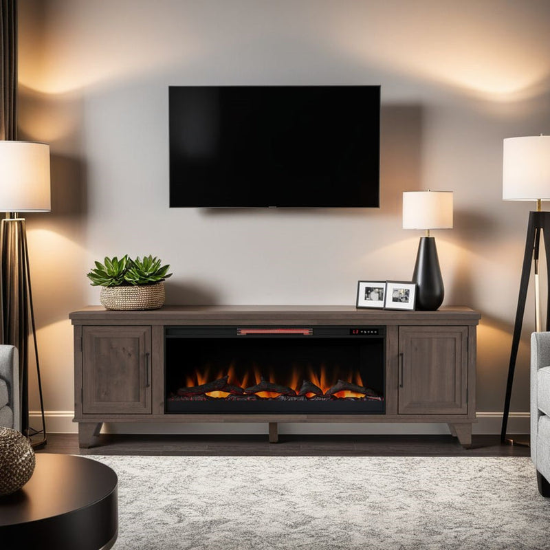 Realcozy Sonoma 78-inch Barnwood electric fireplace TV stand in a rustic modern living room