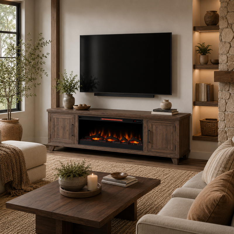Realcozy Sonoma 78-inch Barnwood fireplace TV stand styled in a cozy living space