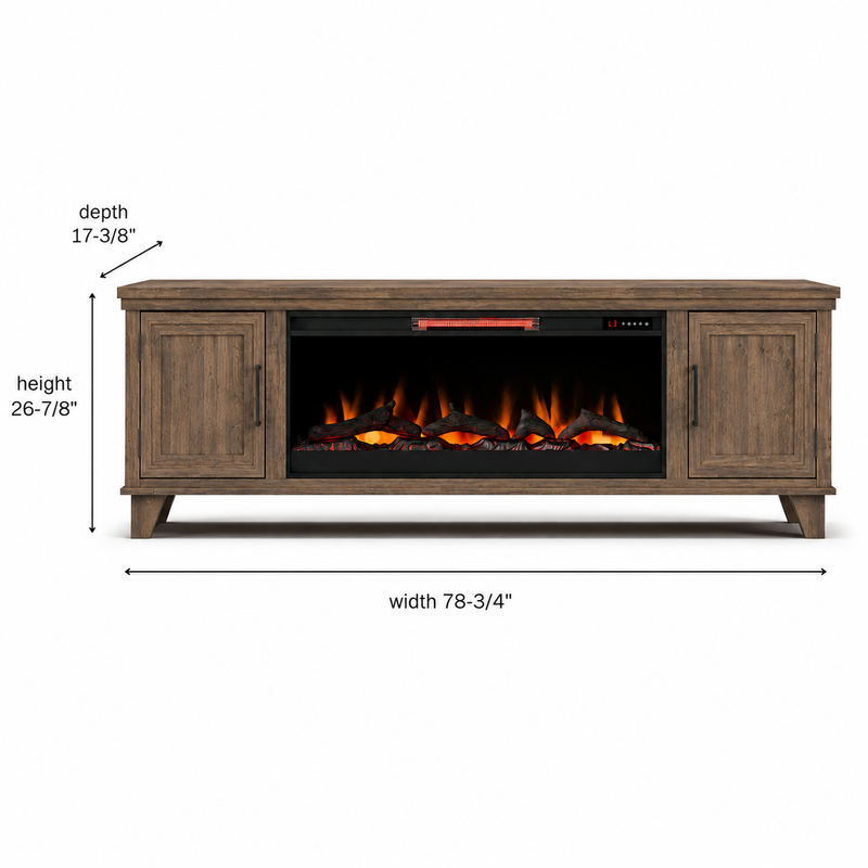 Realcozy Sonoma 78-inch Barnwood electric fireplace TV stand specifications and dimensions