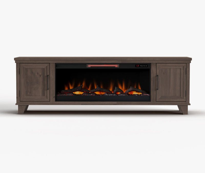 Realcozy Sonoma 78-inch electric fireplace TV stand in Barnwood finish with realistic flames