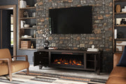Realcozy Sonoma 78-inch Java electric fireplace TV stand in a modern living room
