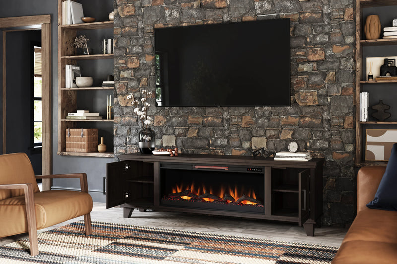 Realcozy Sonoma 78-inch Java electric fireplace TV stand in a modern living room