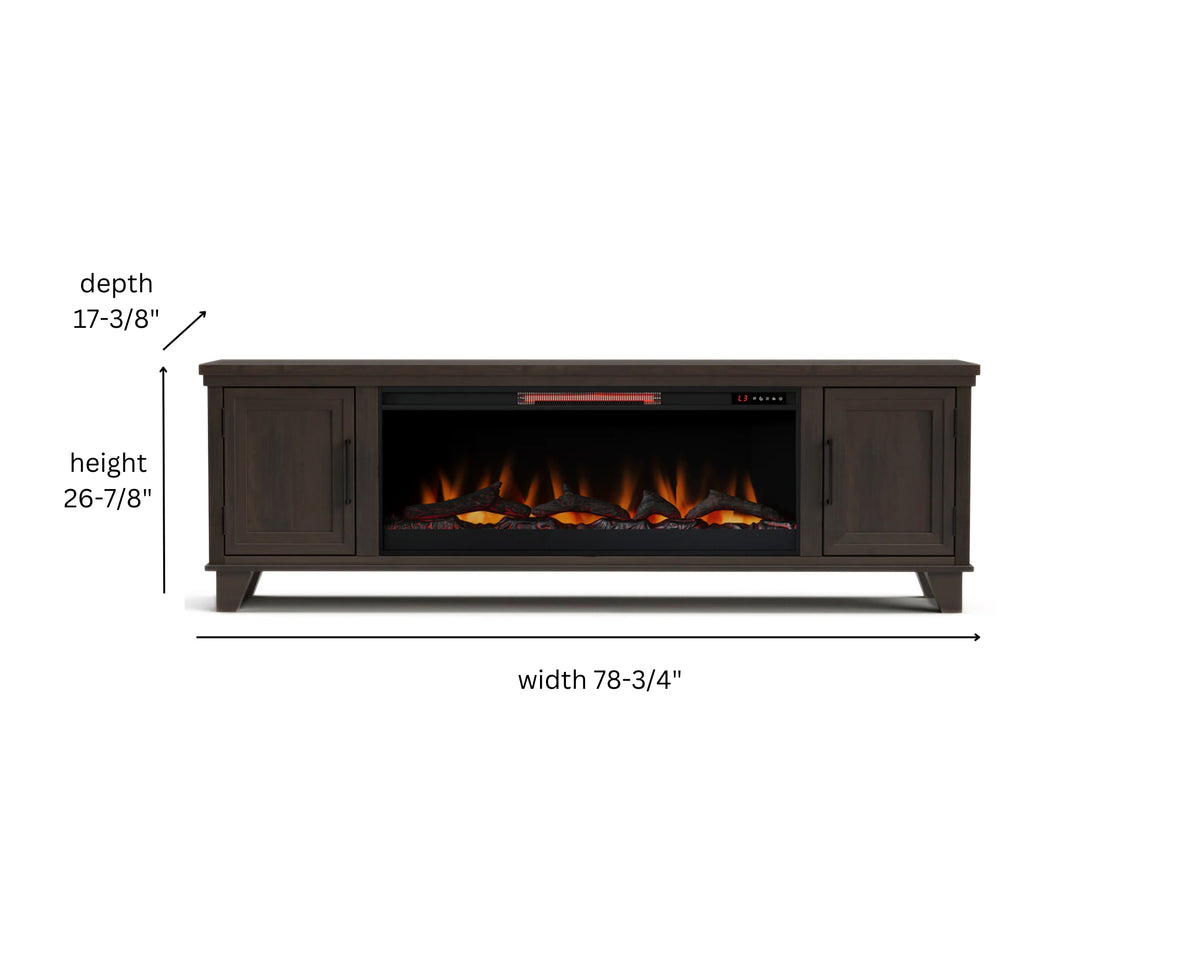 Realcozy Sonoma 78-inch Java electric fireplace TV stand specifications and dimensions