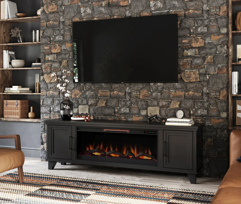 Realcozy Sonoma 78-inch Moody Black electric fireplace TV stand in a modern living room