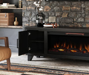 Realcozy Sonoma 78-inch Moody Black fireplace TV stand styled in an elegant living space