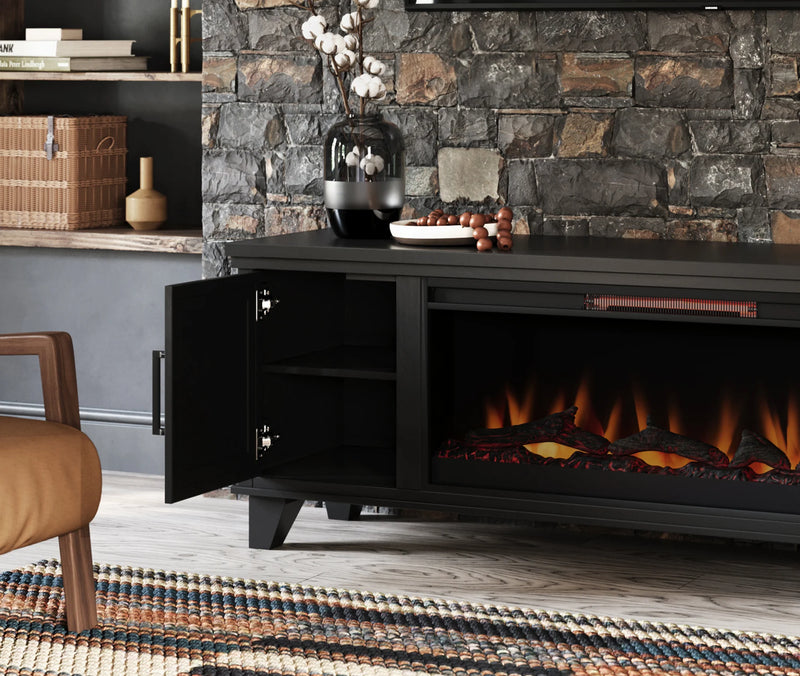 Realcozy Sonoma 78-inch Moody Black fireplace TV stand styled in an elegant living space
