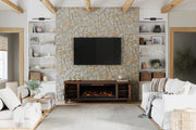 Realcozy Sonoma 78-inch Whiskey electric fireplace TV stand in a warm modern living room