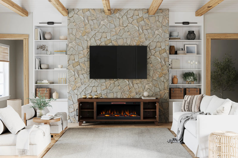 Realcozy Sonoma 78-inch Whiskey electric fireplace TV stand in a warm modern living room
