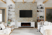 Realcozy Sonoma 78-inch White electric fireplace TV stand in a bright modern living room
