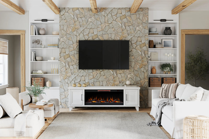 Realcozy Sonoma 78-inch White electric fireplace TV stand in a bright modern living room