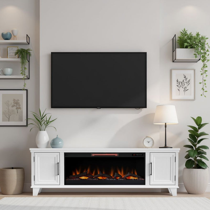 Realcozy Sonoma 78-inch White fireplace TV stand styled in a contemporary living space