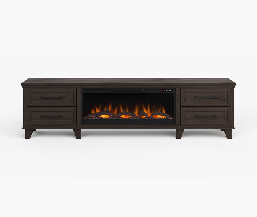 Realcozy Sonoma 95-inch electric fireplace TV stand in Java finish with realistic flames